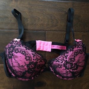 Betsy Johnson 34D Pink Black Lace Push Up Bra